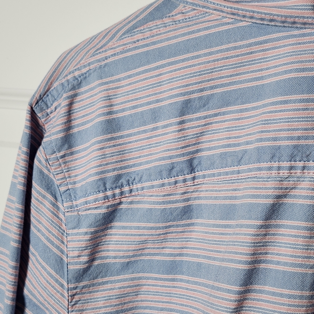 LL BEAN Blouse Top Womens XL Popover Roll Tab Long Sleeve Striped Blue - Picture 7 of 7